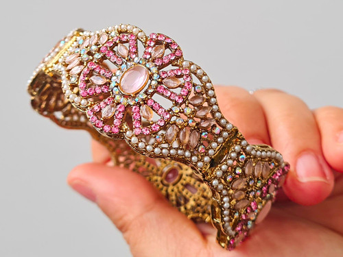 Gold tone pink crystal floral - pink,